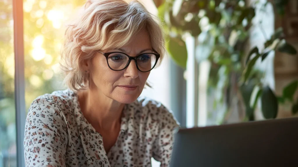 Mature female naturopath with short blonde hair and glasses, focused on setting up her Google Business Profile on a laptop in her sunlit clinic space surrounded by plants.