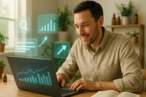 Man smiling while using a laptop with digital graphics of search terms, charts, and upward trends, representing Google Search Console data analysis
