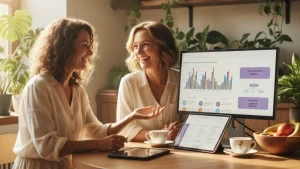 Natural health practitioner and AI-informed client having collaborative consultation discussion about health research and treatment planning