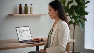 Natural health practitioner reviewing AHPRA-compliant marketing for natural health practitioners on her laptop in a modern clinic workspace.