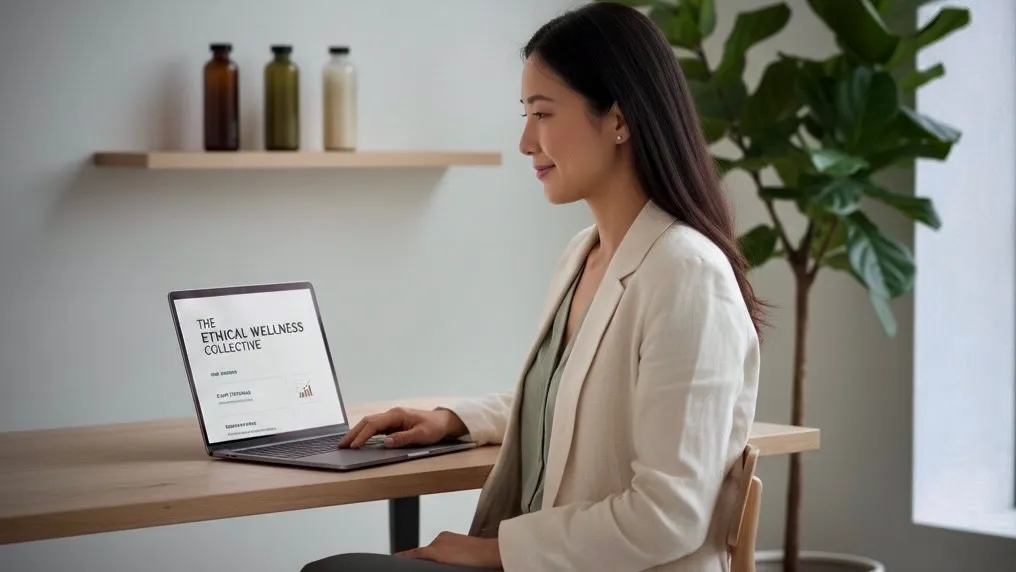 Natural health practitioner reviewing AHPRA-compliant marketing for natural health practitioners on her laptop in a modern clinic workspace.
