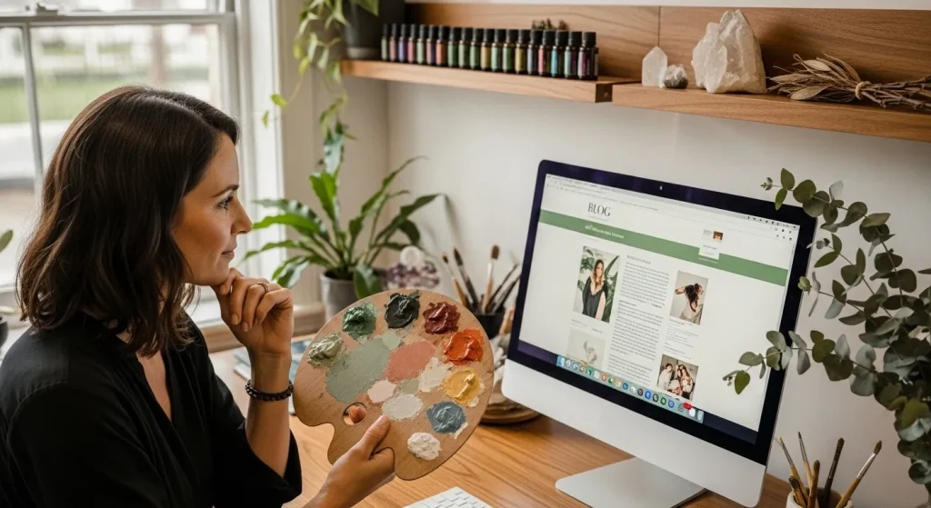 Natural health practitioner holding artist's palette while designing article content on computer in naturally lit clinic with plants and essential oils, representing creative approach to digital marketing and Answer Engine Optimisation