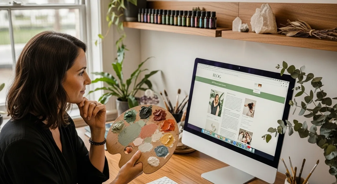 Natural health practitioner holding artist's palette while designing article content on computer in naturally lit clinic with plants and essential oils, representing creative approach to digital marketing and Answer Engine Optimisation