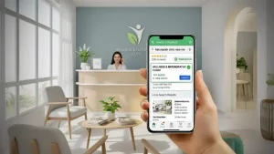 Hand holding a phone showing a Google Map Pack listing for a naturopath clinic, with a wellness and natural health clinic reception in the background.