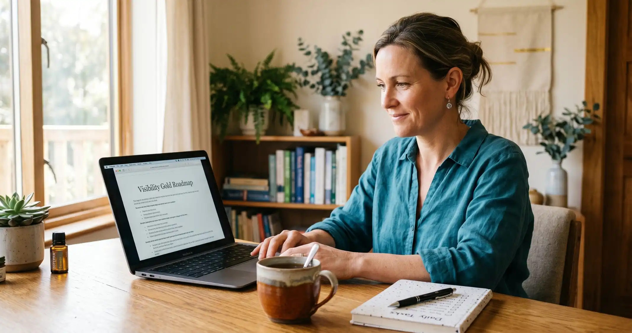 A natural health practitioner at her desk reviewing her personalised Visibility Gold Roadmap on a laptop, with notebook and herbal tea beside her.
