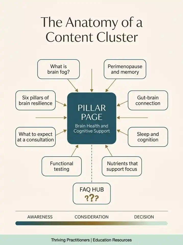 Thriving Practitioners diagram of a content cluster showing a central pillar page connected to eight spoke articles and an FAQ hub, with awareness, consideration and decision funnel stages along the bottom.