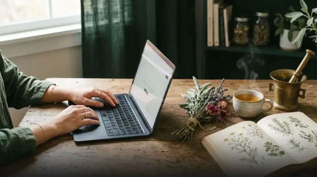 A natural health practitioner’s hands on a laptop beside dried medicinal herbs, herbal tea and an open antique herbal book in warm natural light, representing traditional wisdom meeting modern tools.