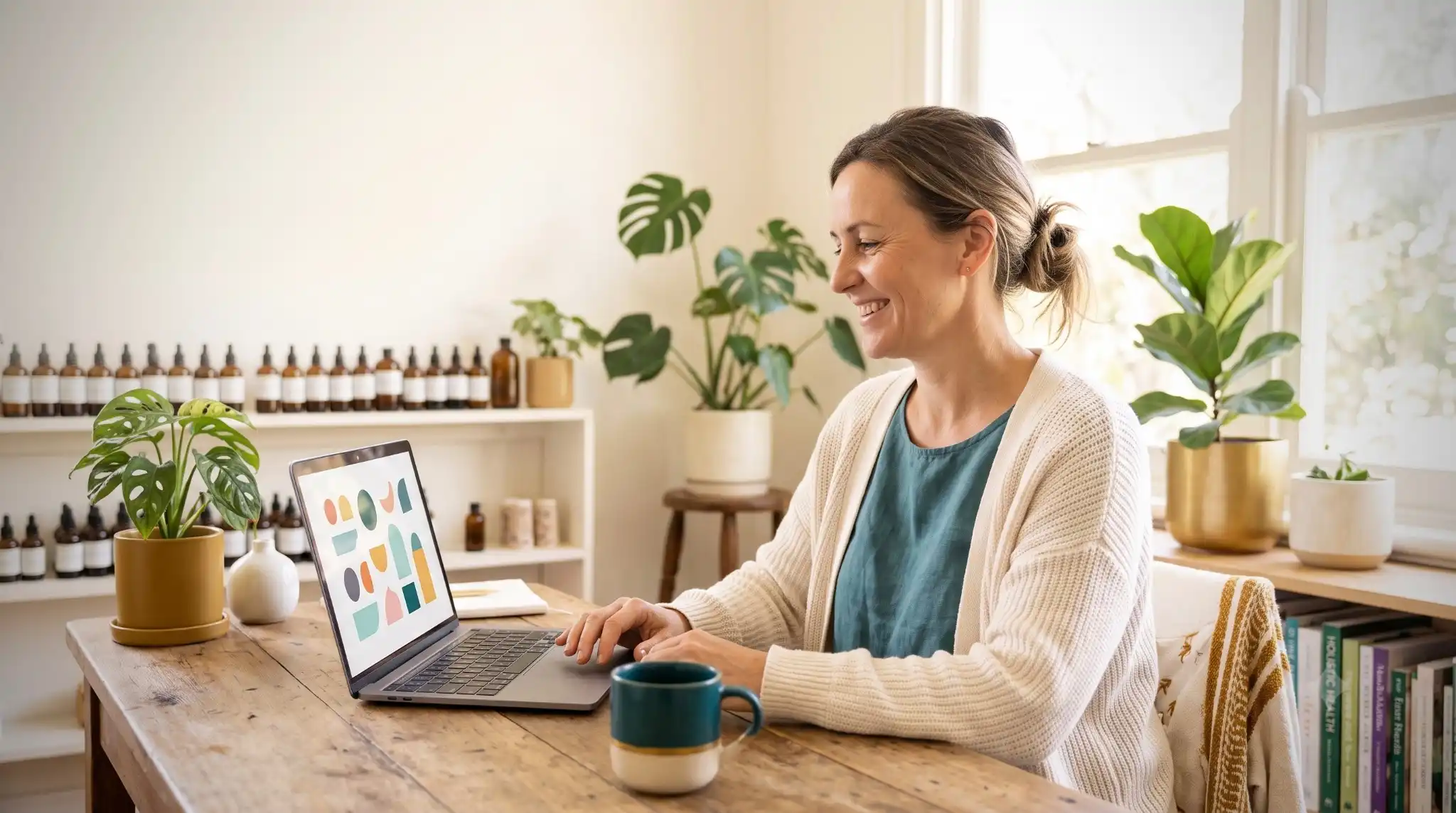Natural health practitioner smiling at a laptop showing a colourful infographic design in a plant-filled clinic room.