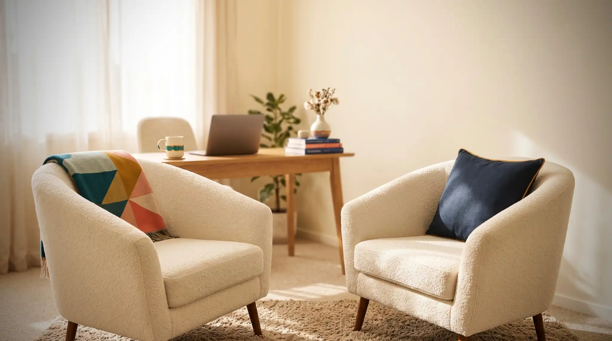 A welcoming naturopathic consultation room with two chairs facing each other and a closed laptop in the background.