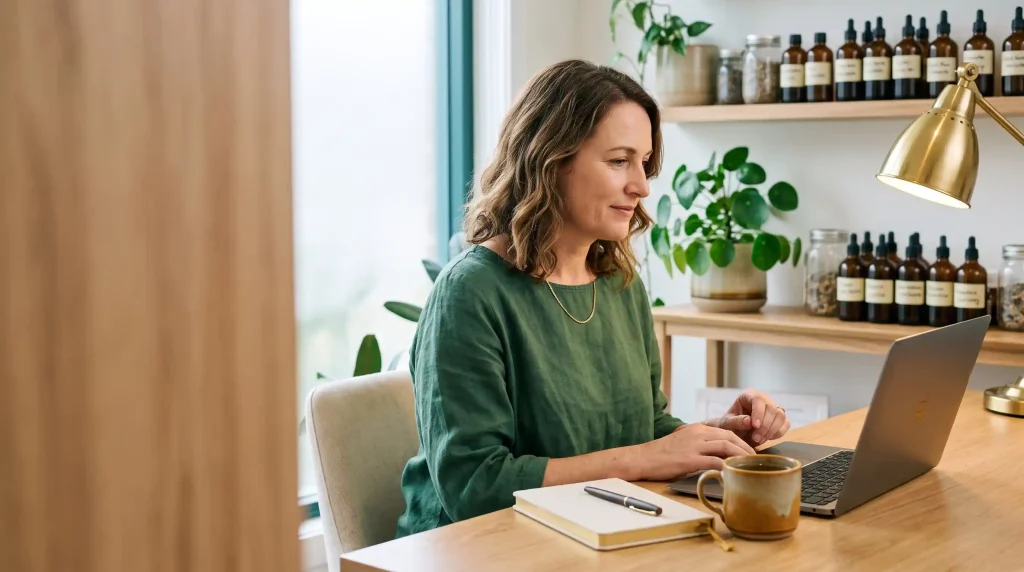 A naturopath sits at a clinic desk with a laptop and notebook, thinking about how to write her website so AI assistants can cite her.