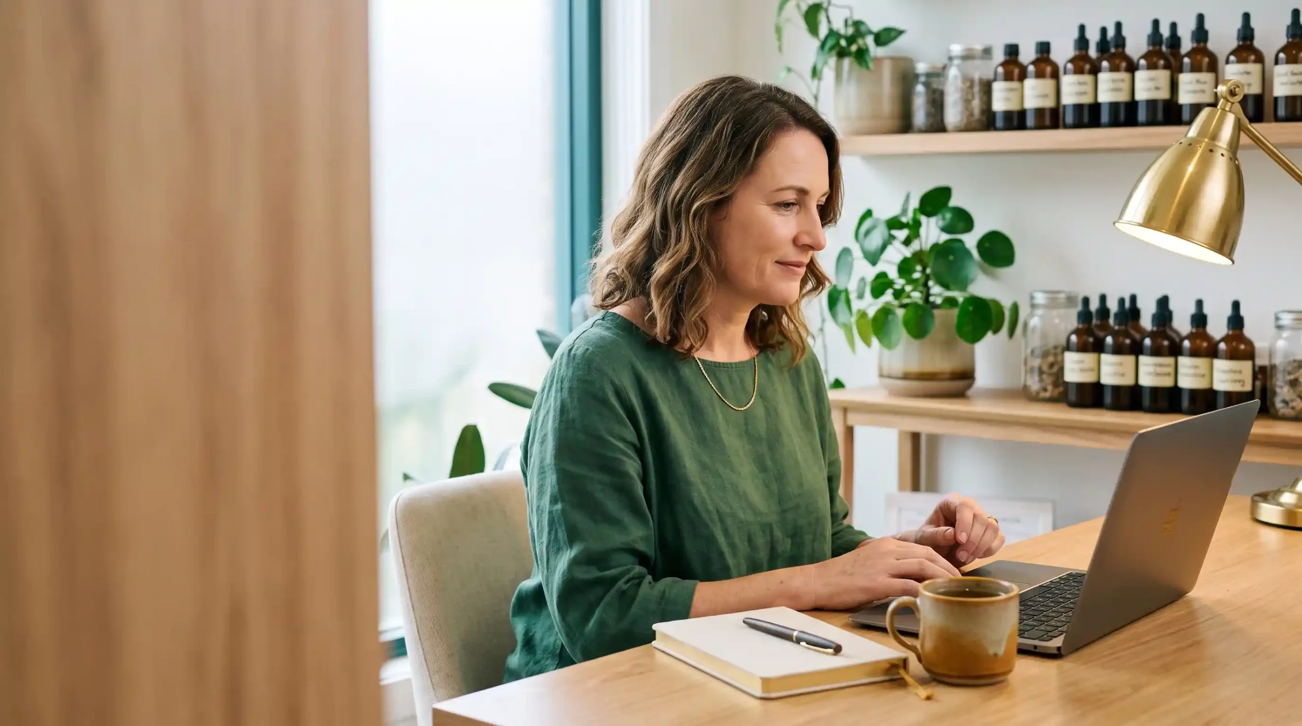 A naturopath sits at a clinic desk with a laptop and notebook, thinking about how to write her website so AI assistants can cite her.